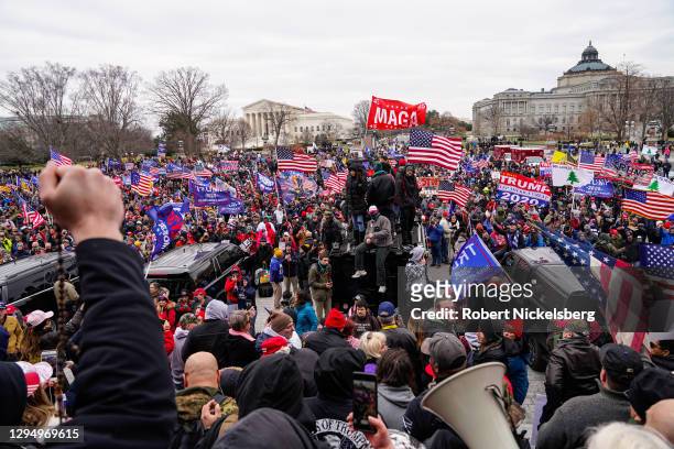 Crowds gather outside the U.S. Capitol for the "Stop the Steal" rally on January 06, 2021 in Washington, DC. Trump supporters gathered in the...
