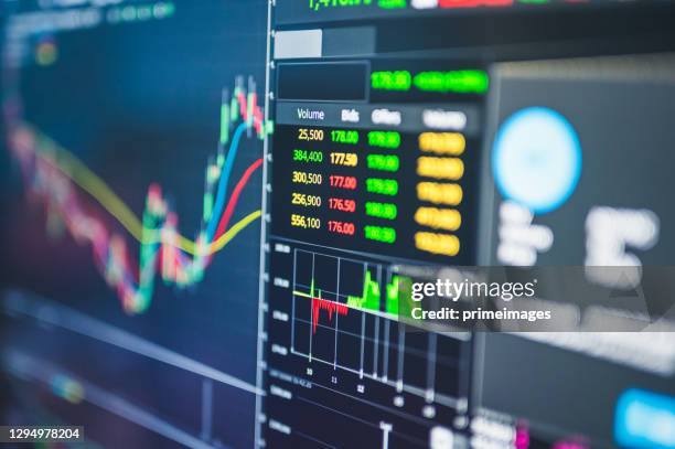 businessperson using mobile online trading with ticker and bid - offer by fundamental analysis and financial graph in stockmarket forex cryptocurrency and commodity - bid offer stock pictures, royalty-free photos & images