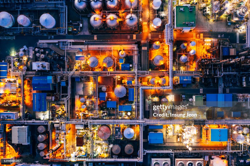 Aerial view of Oil Refinery in Petrochemical Complex at night