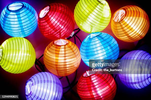 close-up of colorful string lights for party decoration - garland bildbanksfoton och bilder