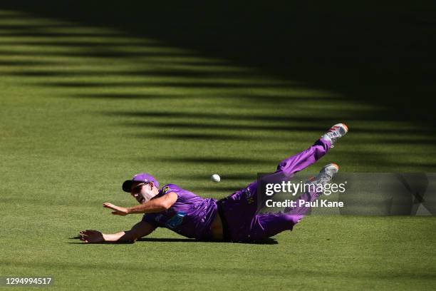 Nick Winter of the Hurricanes misses a catch during the Big Bash League match between the Hobart Hurricanes and the Sydney Thunder at Optus Stadium,...