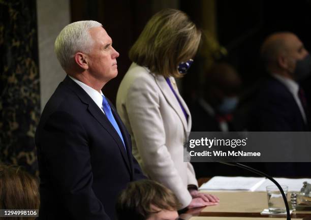 Vice President Mike Pence looks on in the House Chamber during a reconvening of a joint session of Congress on January 07, 2021 in Washington, DC....