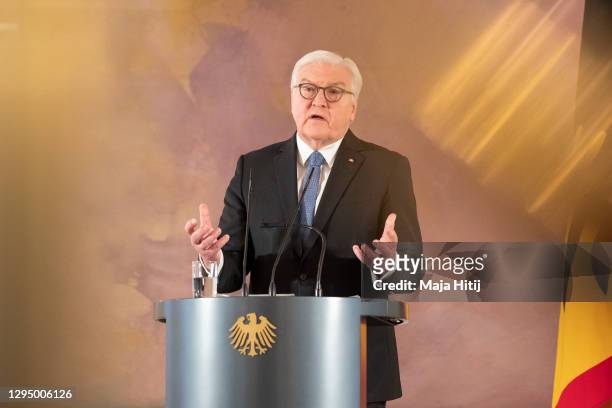 German President Frank-Walter Steinmeier speaks to the media on yesterday’s storming by supporters of U.S. President Donald Trump of the U.S. Capitol...