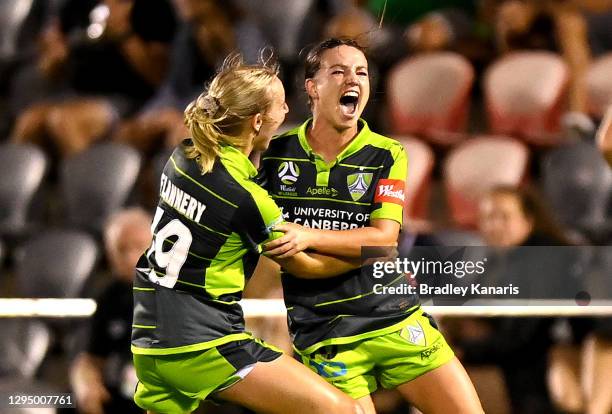 Grace Maher of Canberra celebrates after scoring a goal during the round three W-League match between the Brisbane Roar and Canberra United at...