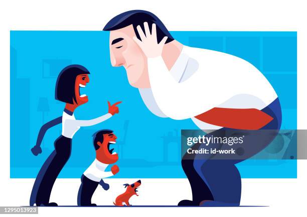 wife and son blaming businessman - distraught stock illustrations