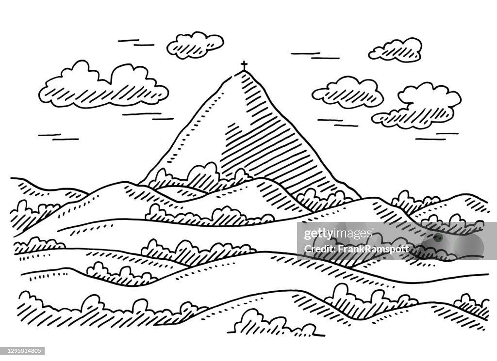 Single Mountain Rural Landscape Drawing