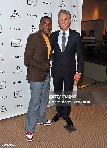 Chef Marcus Samuelsson and David Kratz attend The New York Academy of Art's 20th Annual Take Home a Nude benefit at Sotheby's on October 17, 2011 in...