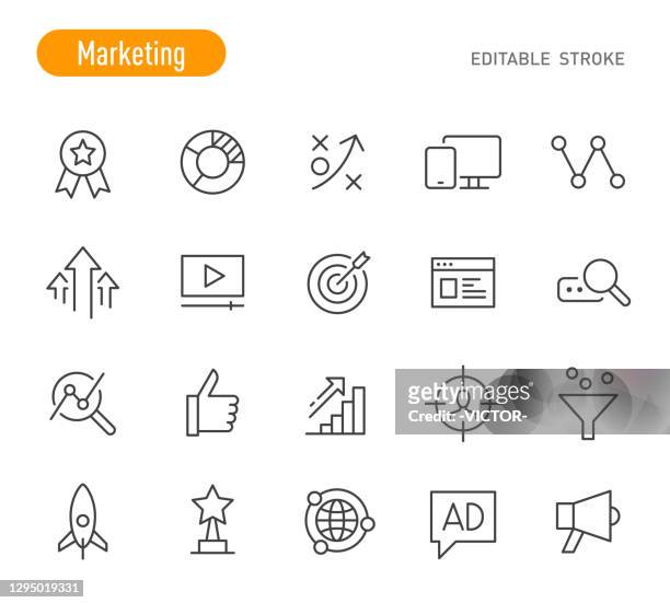 ilustraciones, imágenes clip art, dibujos animados e iconos de stock de conjunto de iconos de marketing - serie de líneas - trazo editable - blanco artículos deportivos
