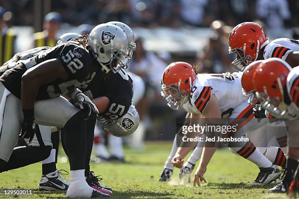 Members of the Oakland Raiders line up against the Cleveland Browns at O.co Coliseum on October 16, 2011 in Oakland, California.