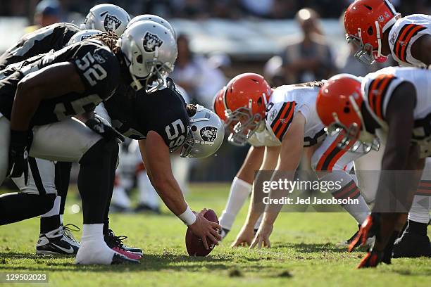 Members of the Oakland Raiders line up against the Cleveland Browns at O.co Coliseum on October 16, 2011 in Oakland, California.