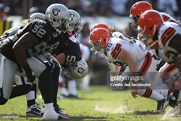 Members of the Oakland Raiders line up against the Cleveland Browns at O.co Coliseum on October 16, 2011 in Oakland, California.