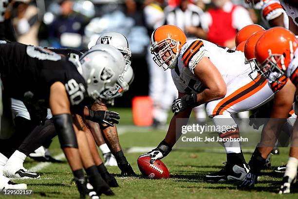 Members of the Oakland Raiders line up against the Cleveland Browns at O.co Coliseum on October 16, 2011 in Oakland, California.