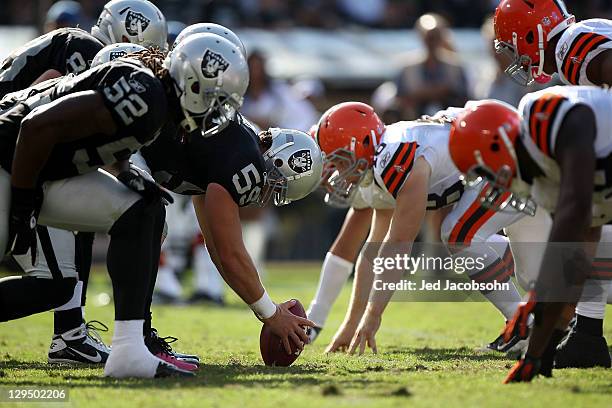 Members of the Oakland Raiders line up against the Cleveland Browns at O.co Coliseum on October 16, 2011 in Oakland, California.