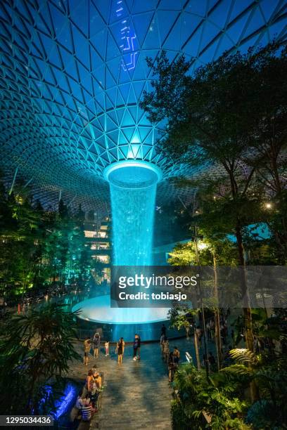cachoeira dentro do shopping changi airport em singapura à noite - changi airport - fotografias e filmes do acervo