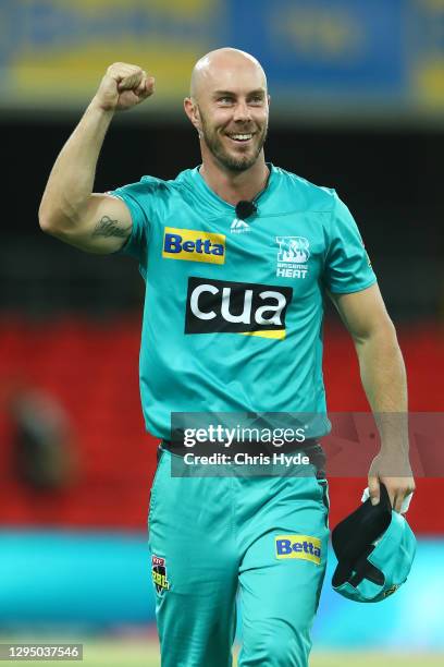 Chris Lynn of the Heat celebrates winning the Big Bash League match between the Brisbane Heat and the Melbourne Stars at Metricon Stadium, on January...