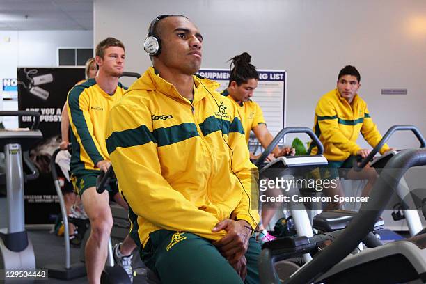 Will Genia of the Wallabies looks on during an Australia IRB Rugby World Cup 2011 recovery session at North Shore Leisure Centre, Glenfield on...