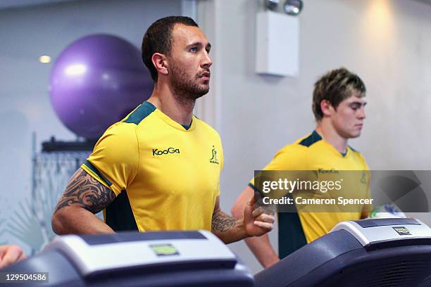 Quade Cooper of the Wallabies looks on during an Australia IRB Rugby World Cup 2011 recovery session at North Shore Leisure Centre, Glenfield on...