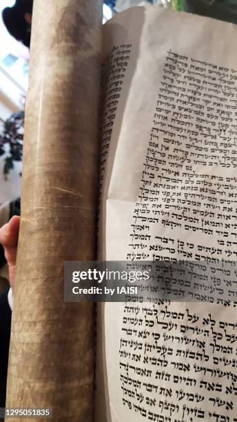 purim, public recitation ("reading of the megillah", holding the scroll of esther - association of religion data archives stock pictures, royalty-free photos & images