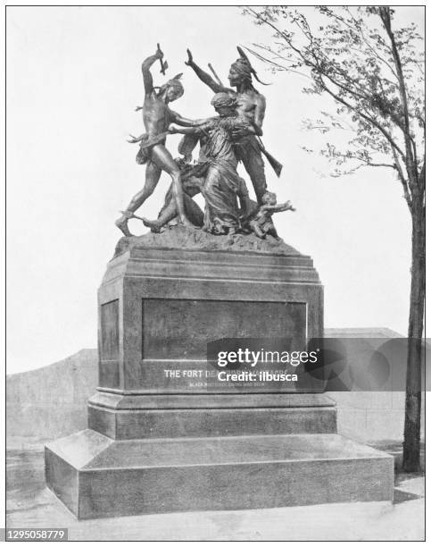 antique photograph: fort dearborn massacre monument - dearborn michigan stock illustrations