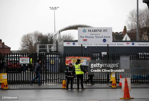 General view outside of Marine Football Club's ground, The Marine Travel Arena prior to their next home game the FA Cup Third Round match between...