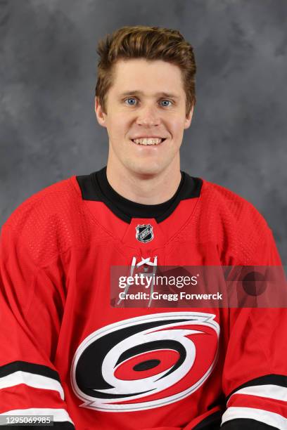 Jake Gardiner of the Carolina Hurricanes poses for his official headshot of the 2020-2021 season on January 3, 2021 at PNC Arena in Raleigh, North...