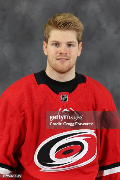 Warren Foegele of the Carolina Hurricanes poses for his official headshot of the 2020-2021 season on January 3, 2021 at PNC Arena in Raleigh, North...