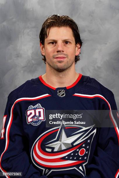 Nathan Gerbe of the Columbus Blue Jackets poses for his official headshot for the 2020-2021 season on January 3, 2021 at Nationwide Arena in...