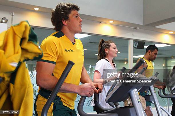 Luke Burgess of the Wallabies exercises during an Australia IRB Rugby World Cup 2011 recovery session at North Shore Leisure Centre, Glenfield on...