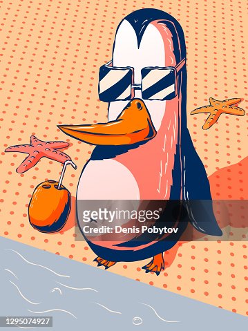 Funny Cartoon Illustration Penguin Sunbathing On The Beach High-Res Vector  Graphic - Getty Images