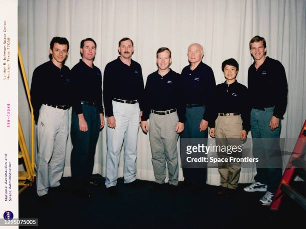 The STS-95 crew assigned to fly shuttle mission STS-95 aboard the Space Shuttle Discovery, attend a press event at Johnson Space Center in Houston,...