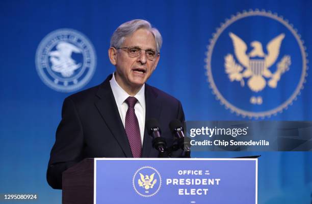 Federal Judge Merrick Garland delivers remarks after being nominated to be U.S. Attorney general by President-elect Joe Biden at The Queen theater...