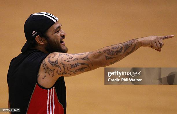 Piri Weepu of the All Blacks gestures during a New Zealand All Blacks recovery session at Trusts Stadium on October 18, 2011 in Auckland, New Zealand.