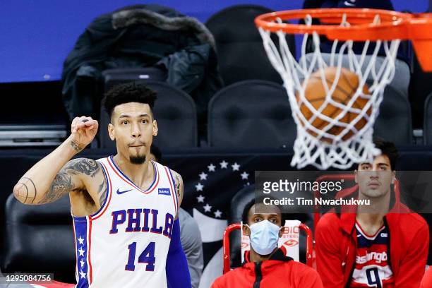 Danny Green of the Philadelphia 76ers makes a three pointer during the third quarter against the Washington Wizards at Wells Fargo Center on January...