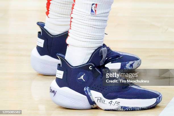 Bradley Beal's of the Washington Wizards shoes seen in a game against the Philadelphia 76ers at Wells Fargo Center on January 06, 2021 in...