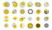 Vector illustration. Minimalist flat design elements for poster, book cover, frame, gift card. Abstract circle shapes collection with line art wavy pattern. Dots halftone. Yellow and black color