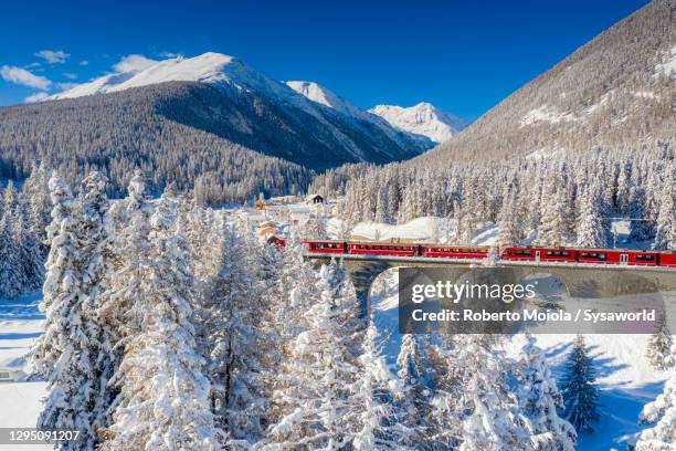 red bernina express train in the snowy landscape, chapella, switzerland - st moritz stock pictures, royalty-free photos & images