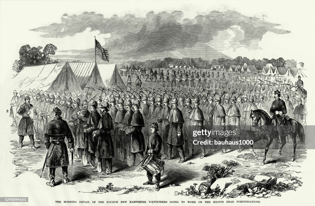 Antique: Morning Detail of the Fourth New Hampshire Volunteers Going to Work on the Hilton Head Fortifications, 1861 Civil War Engraving