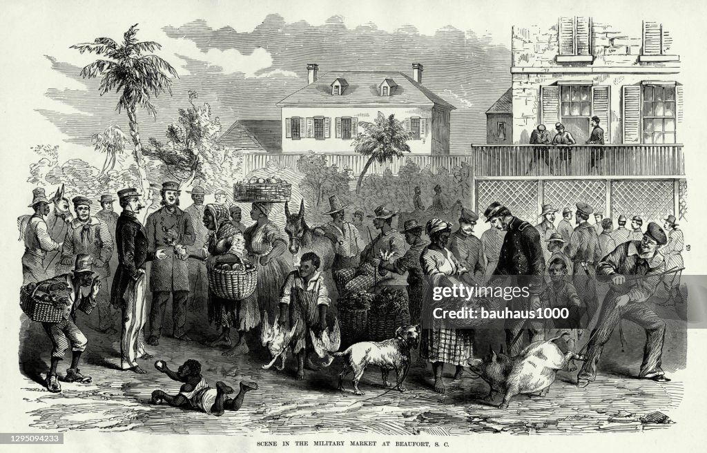 Antique: Scene in the Military Market at Beaufort, South Carolina, 1861 Civil War Engraving