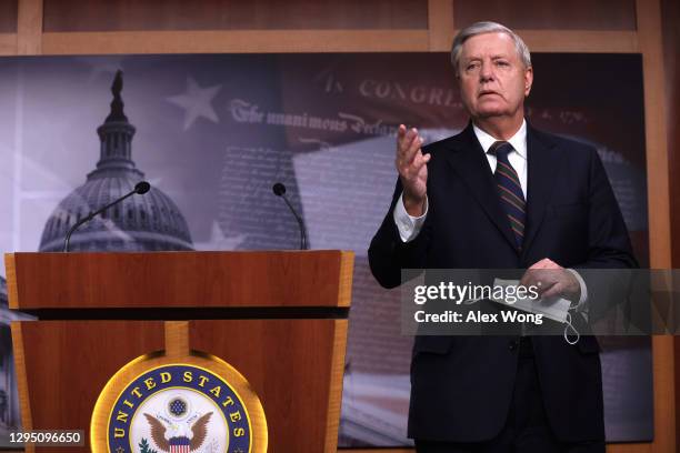 Sen. Lindsey Graham speaks during a news conference at the U.S. Capitol January 7, 2021 in Washington, DC. Sen. Graham condemned the pro-Trump mob’s...
