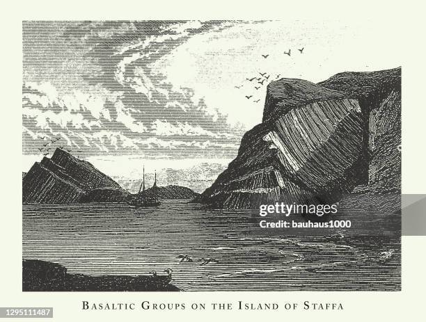 斯塔法島上的岩層群，著名地質構造雕刻古圖，出版於1851年 - isle of staffa 幅插畫檔、美工圖案、卡通及圖標