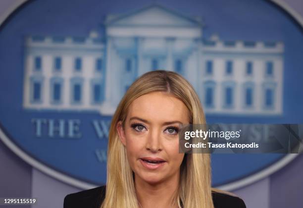 White House Press Secretary Kayleigh McEnany speaks in the James Brady Press Briefing Room on January 07, 2021 in Washington, DC. McEnany delivered...