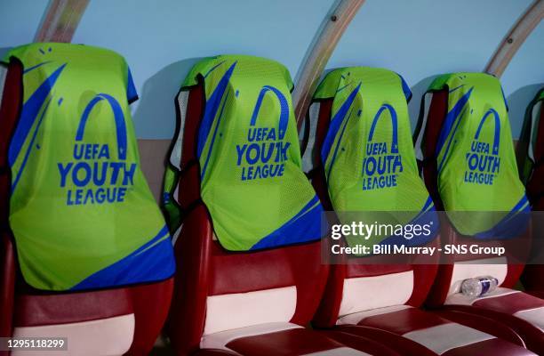 General view of the UEFA Youth League bibs in the dugout