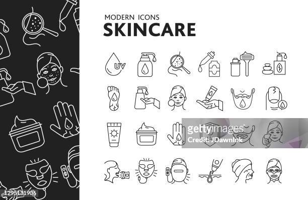 ilustraciones, imágenes clip art, dibujos animados e iconos de stock de conjunto moderno de iconos de línea delgada para tratamientos para el cuidado de la piel - aceites esenciales