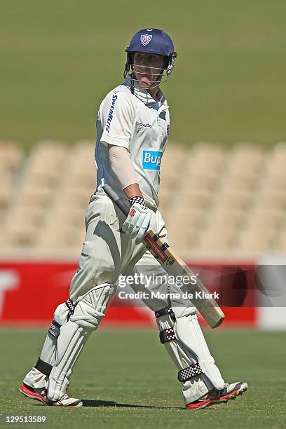 Nicolas Maddinson of the Blues leaves the field after getting out during day two of the Shieffield Shield match between the South Australia Redbacks...