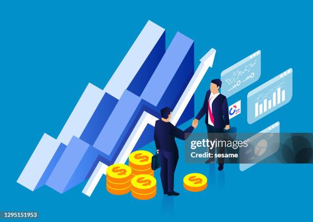 isometrische erfolgreiche geschäftszusammenarbeit, händeschütteln, geschäftsdatenanalyse - verkaufen stock-grafiken, -clipart, -cartoons und -symbole