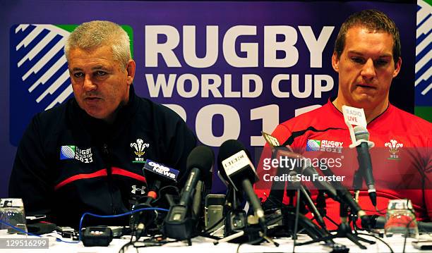 Wales head coach Warren Gatland and stand in Wales captain Gethin Jenkins speak to the media during a Wales IRB Rugby World Cup 2011 training session...