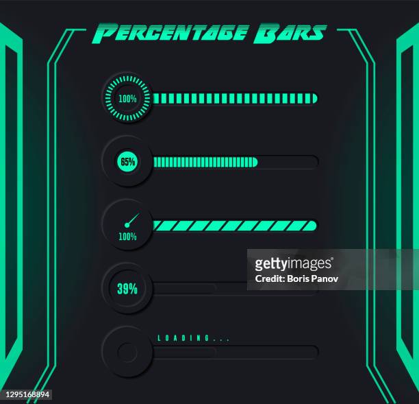 loading and download / upload progress bar for mobile app user interface in modern futuristic neon style - progress bar stock illustrations