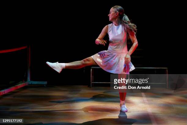 Katina Olsen plays the role of Margaret Court during a performance of Sunshine Super Girl as part of the Sydney Festival at Sydney Town Hall on...