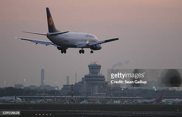 Lufthansa passenger plane arrives at Tegel Airport on October 17, 2011 in Berlin, Germany. Tegel, which first went into operation in 1960 and whose...