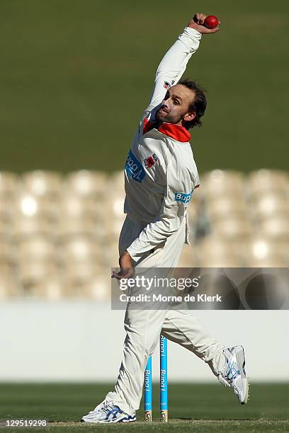 Nathan Lyon of the Redbacks bowls during day two of the Shieffield Shield match between the South Australia Redbacks and the New South Wales Blues at...
